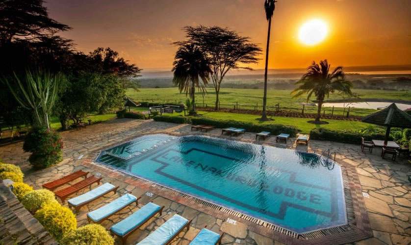 View over the swimming pool at Lake Nakuru Lodge